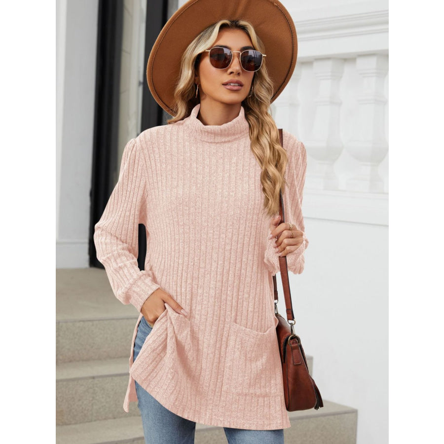 Slit Mock Neck Long Sleeve T-Shirt Watermelon pink / S Apparel and Accessories