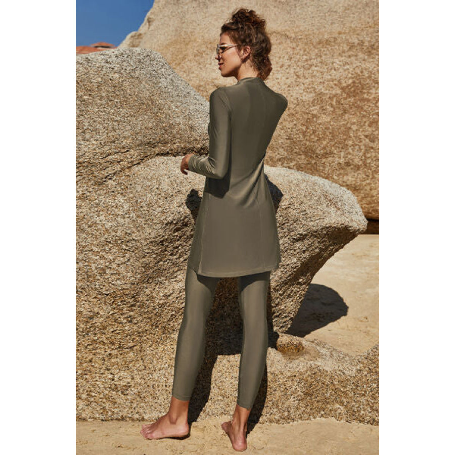 Slit Mock Neck Long Sleeve Top and Pants Swim Set Apparel Accessories