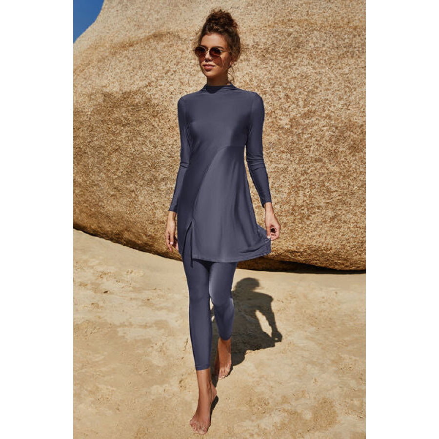 Slit Mock Neck Long Sleeve Top and Pants Swim Set Apparel Accessories