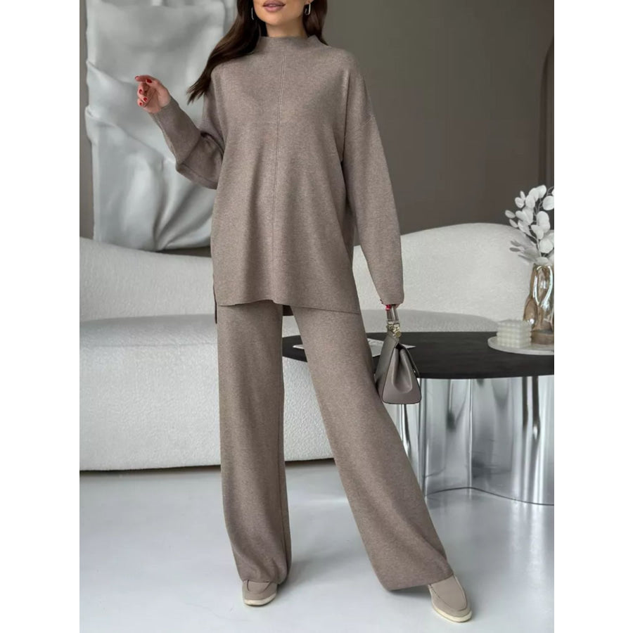 Slit Mock Neck Top and Pants Sweater Set Apparel and Accessories