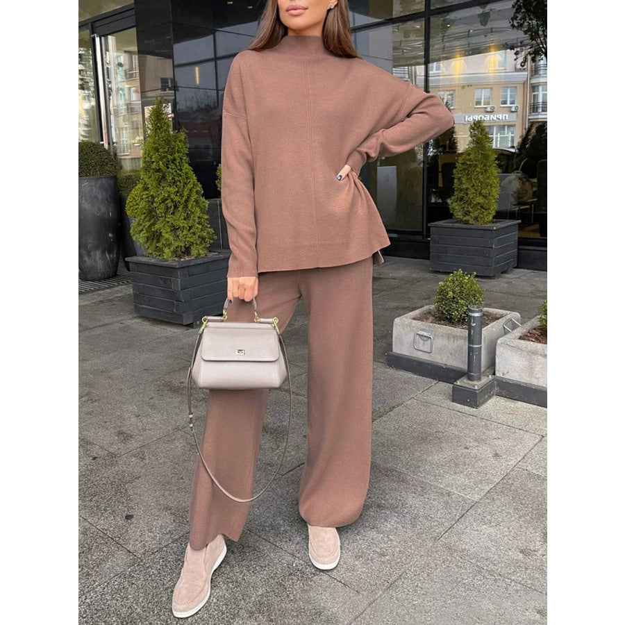 Slit Mock Neck Top and Pants Sweater Set Apparel and Accessories