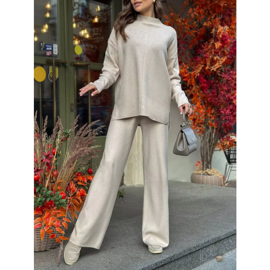 Slit Mock Neck Top and Pants Sweater Set Apparel and Accessories