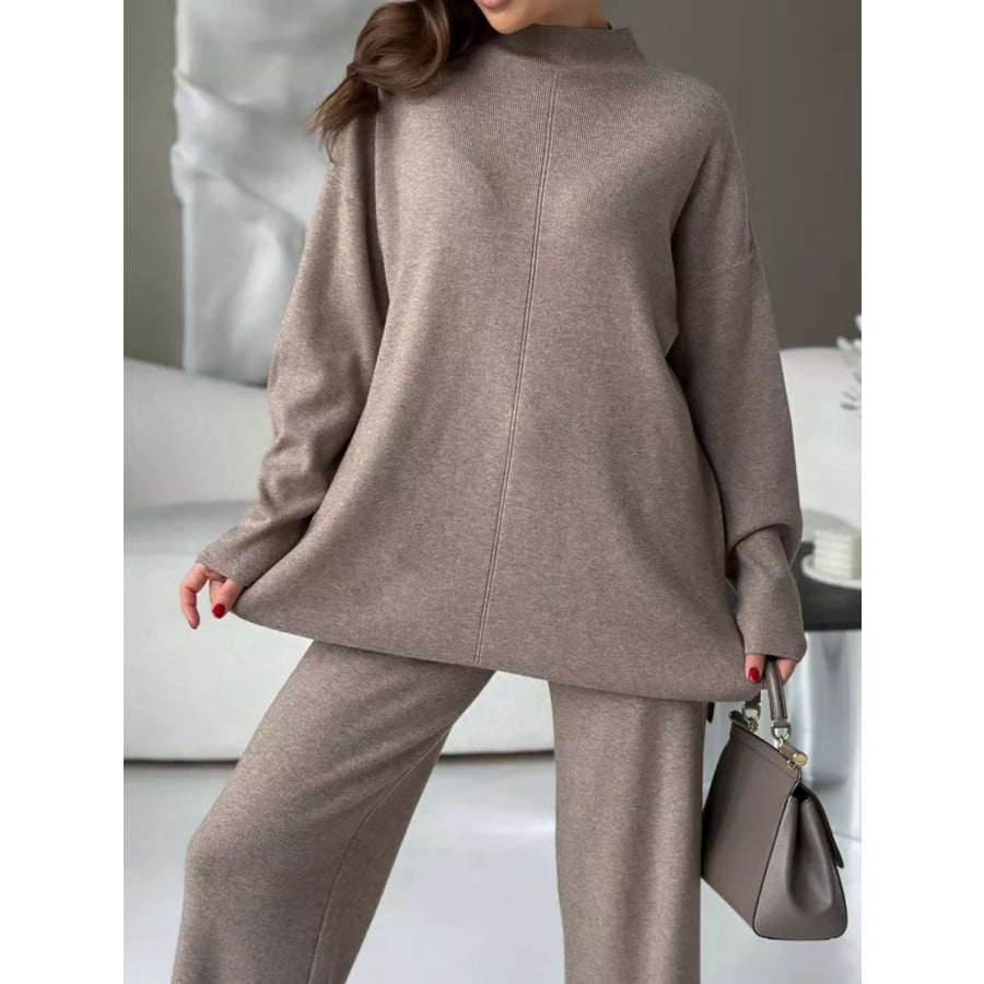 Slit Mock Neck Top and Pants Sweater Set Apparel and Accessories