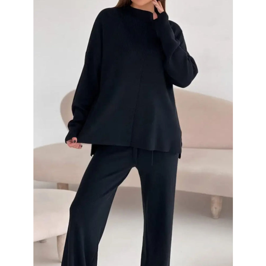 Slit Mock Neck Top and Pants Sweater Set Apparel and Accessories