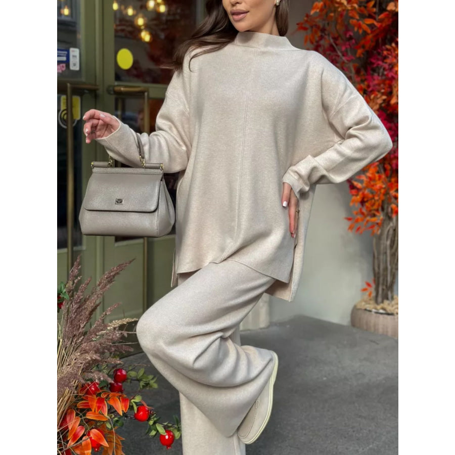 Slit Mock Neck Top and Pants Sweater Set Apparel and Accessories