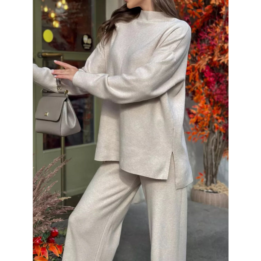 Slit Mock Neck Top and Pants Sweater Set Apparel and Accessories