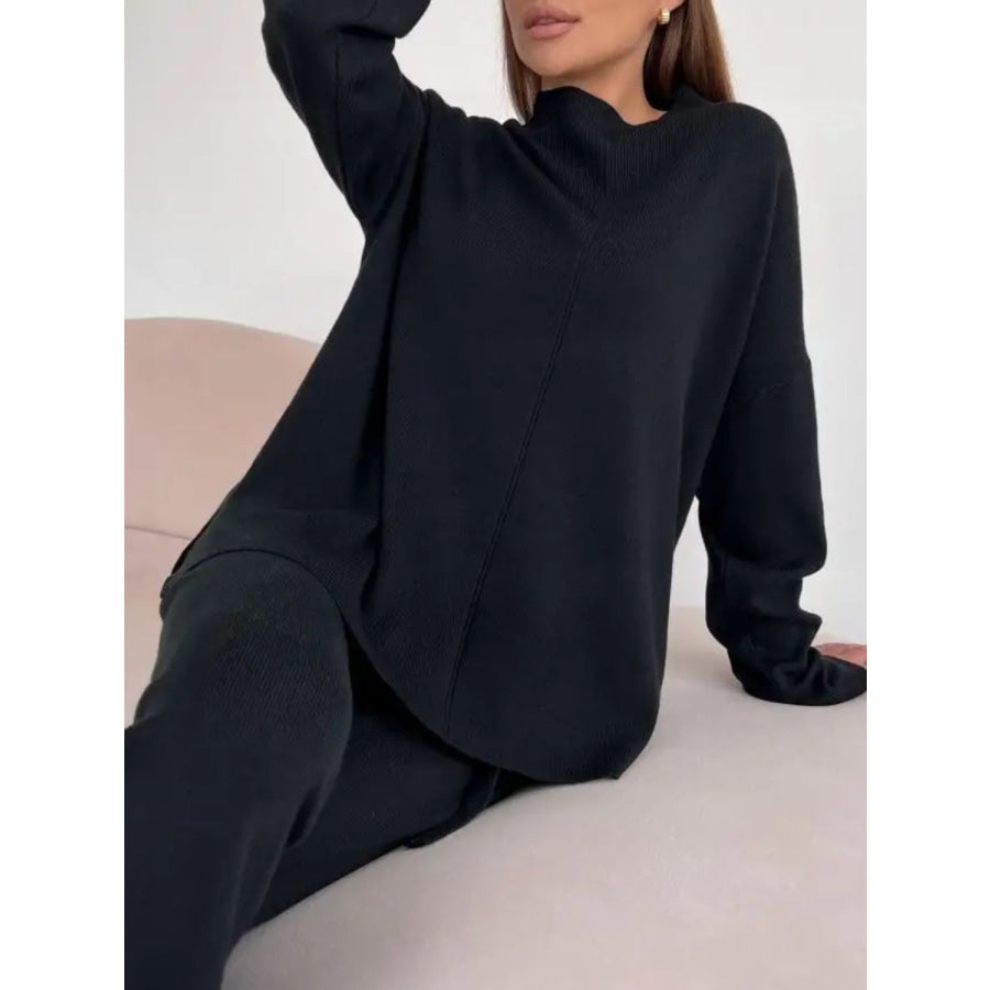 Slit Mock Neck Top and Pants Sweater Set Apparel and Accessories