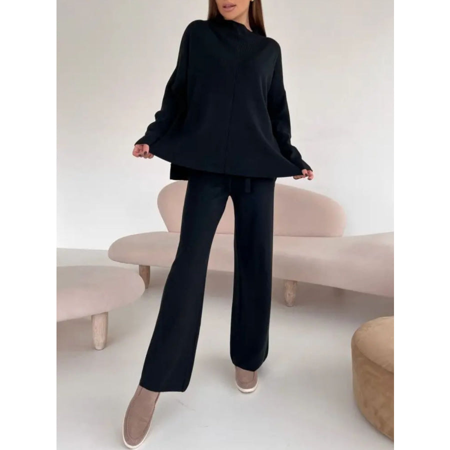 Slit Mock Neck Top and Pants Sweater Set Apparel and Accessories