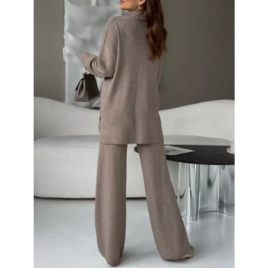 Slit Mock Neck Top and Pants Sweater Set Apparel and Accessories