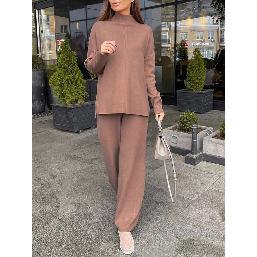 Slit Mock Neck Top and Pants Sweater Set Apparel and Accessories