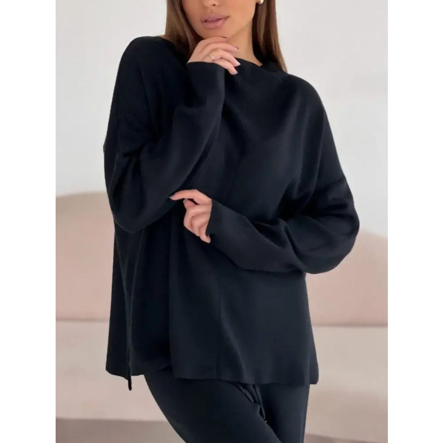 Slit Mock Neck Top and Pants Sweater Set Black / S Apparel and Accessories