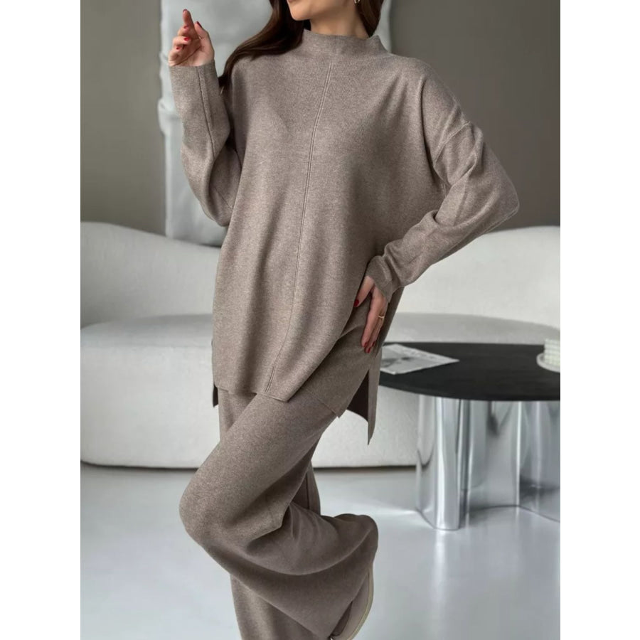 Slit Mock Neck Top and Pants Sweater Set Mocha / S Apparel and Accessories