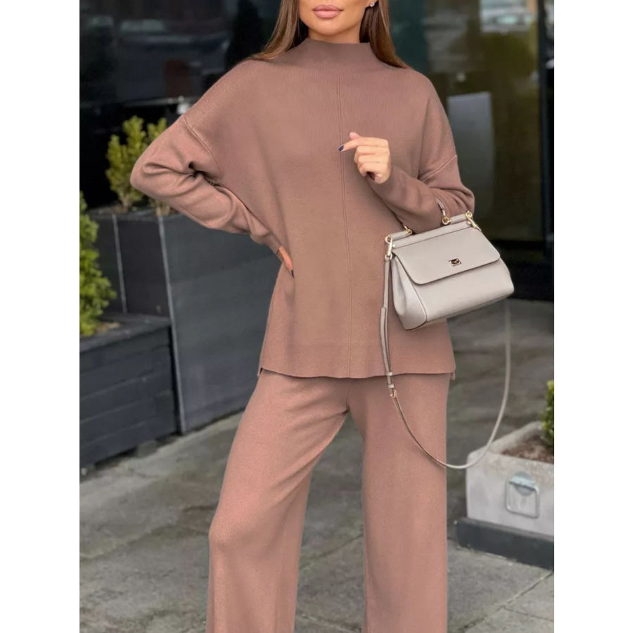 Slit Mock Neck Top and Pants Sweater Set Ochre / S Apparel and Accessories