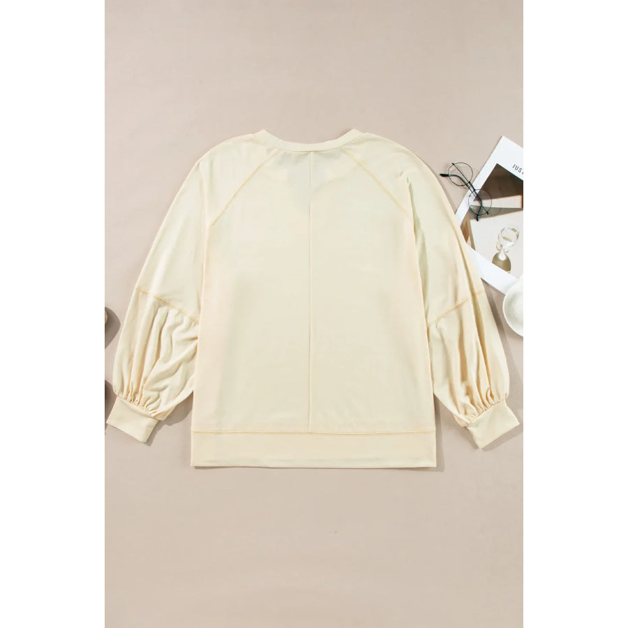 Slit Notched Long Sleeve Blouse Apparel and Accessories