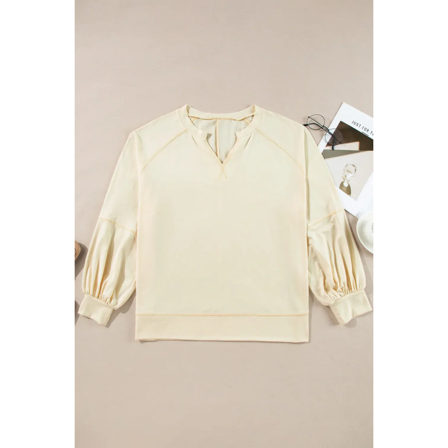 Slit Notched Long Sleeve Blouse Apparel and Accessories