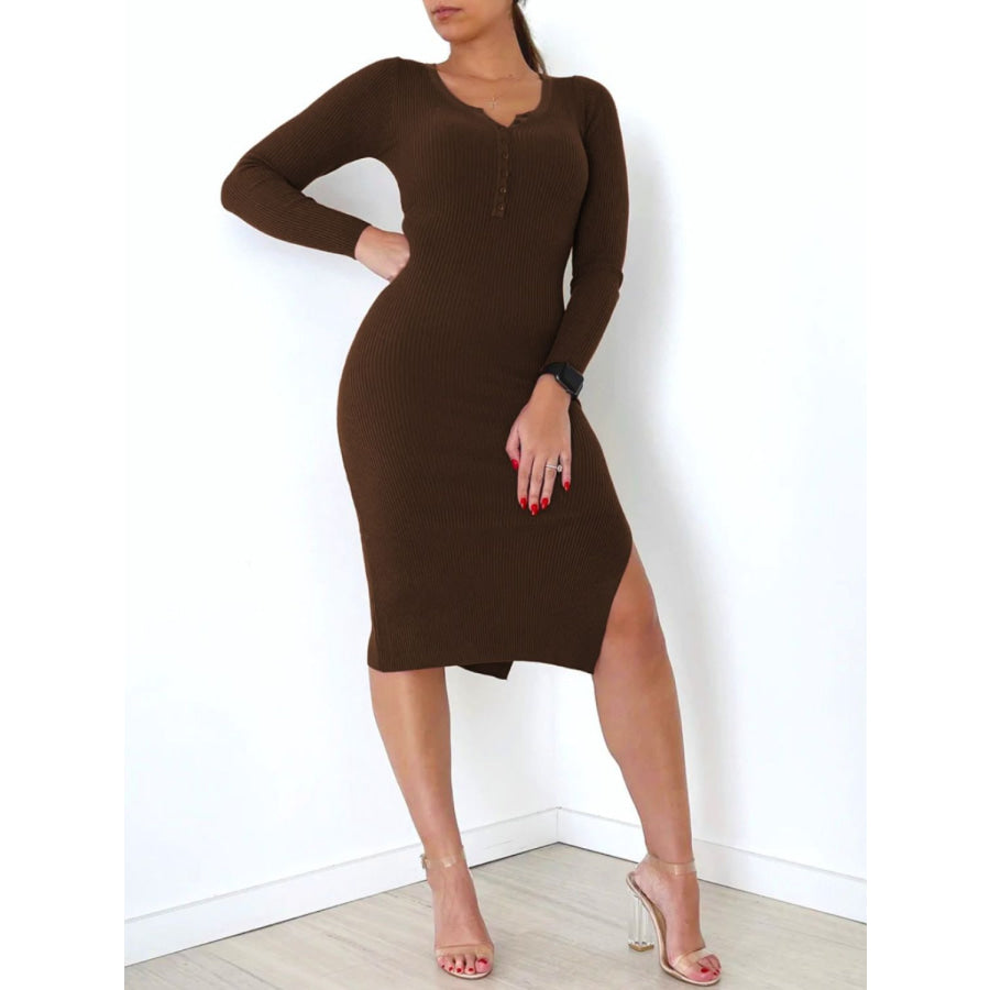 Slit Notched Long Sleeve Midi Dress Chocolate / S Apparel and Accessories