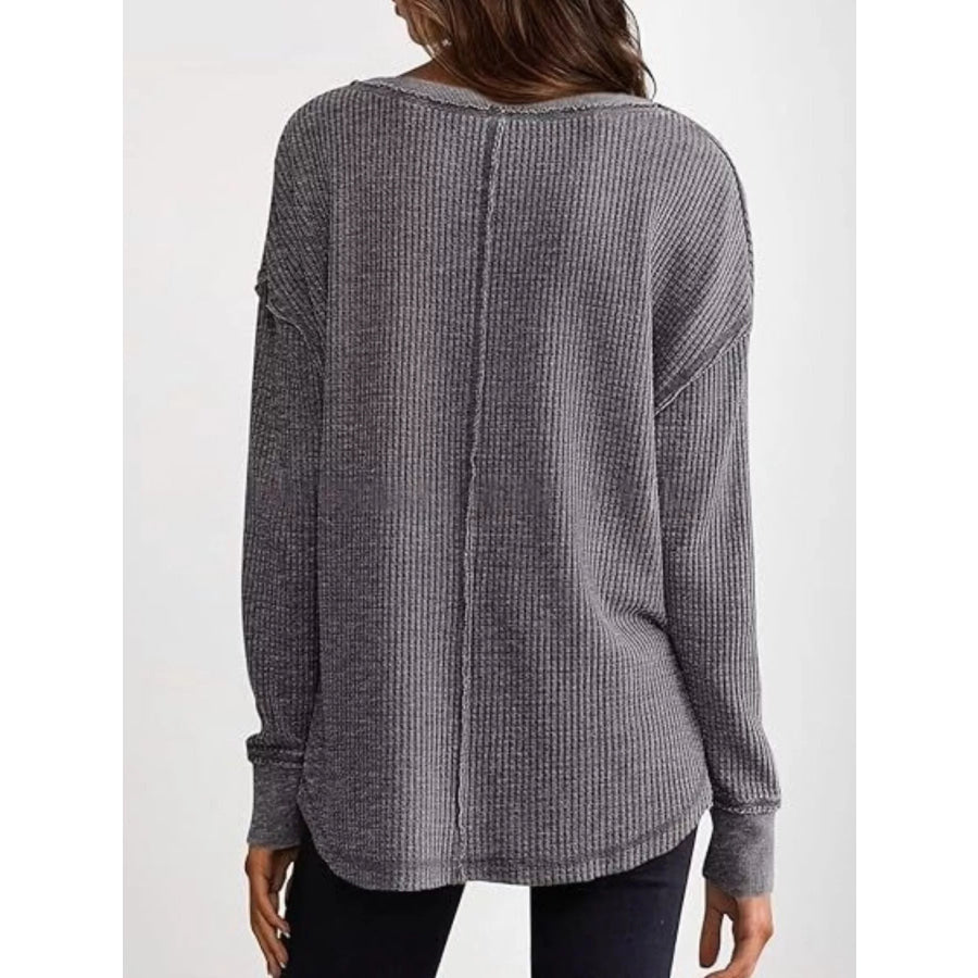 Slit Notched Long Sleeve T-Shirt Apparel and Accessories