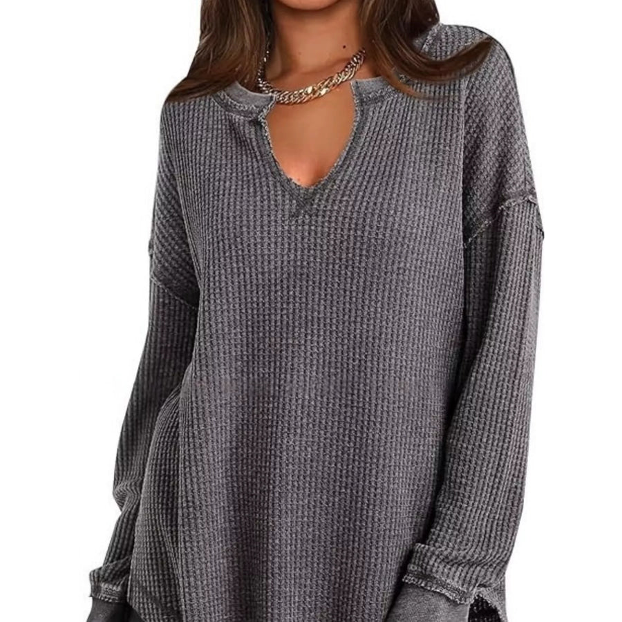 Slit Notched Long Sleeve T-Shirt Apparel and Accessories