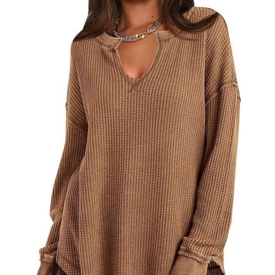 Slit Notched Long Sleeve T-Shirt Apparel and Accessories