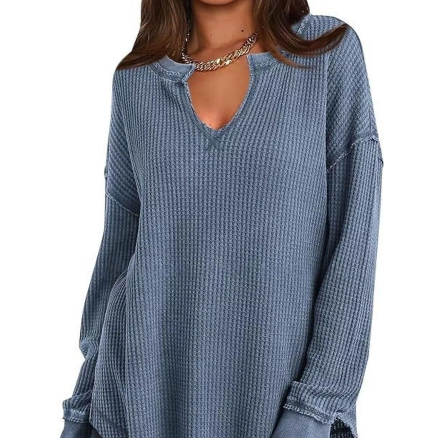 Slit Notched Long Sleeve T-Shirt Apparel and Accessories