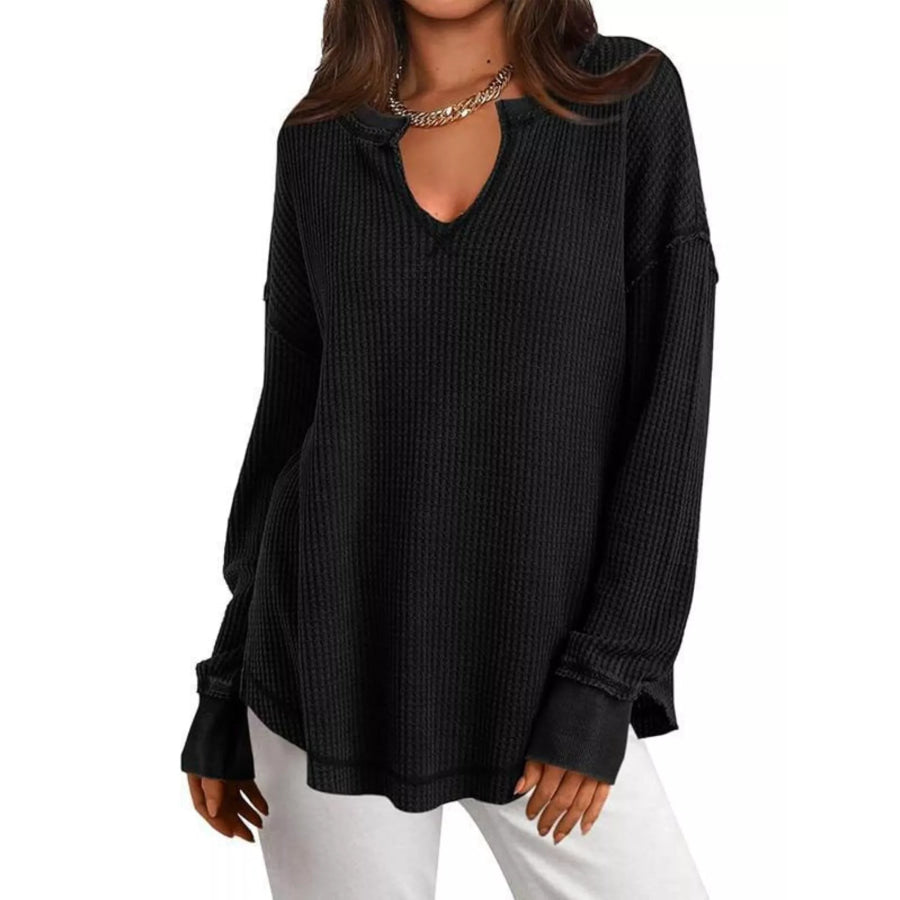Slit Notched Long Sleeve T-Shirt Black / S Apparel and Accessories