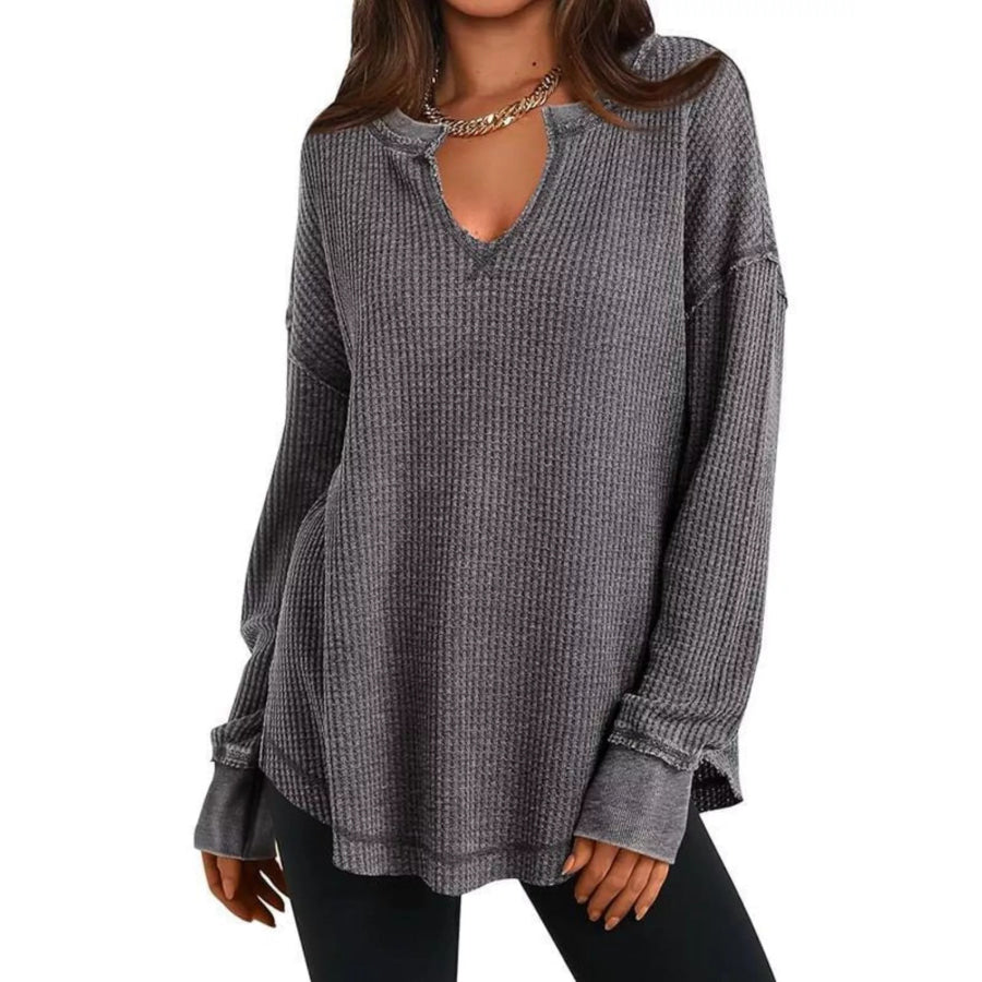 Slit Notched Long Sleeve T-Shirt Dark Gray / S Apparel and Accessories