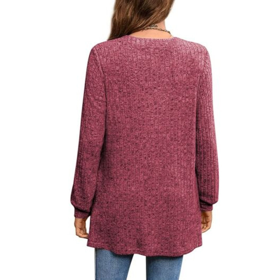 Slit Notched Pocketed Long Sleeve T - Shirt Deep Rose / S Apparel and Accessories