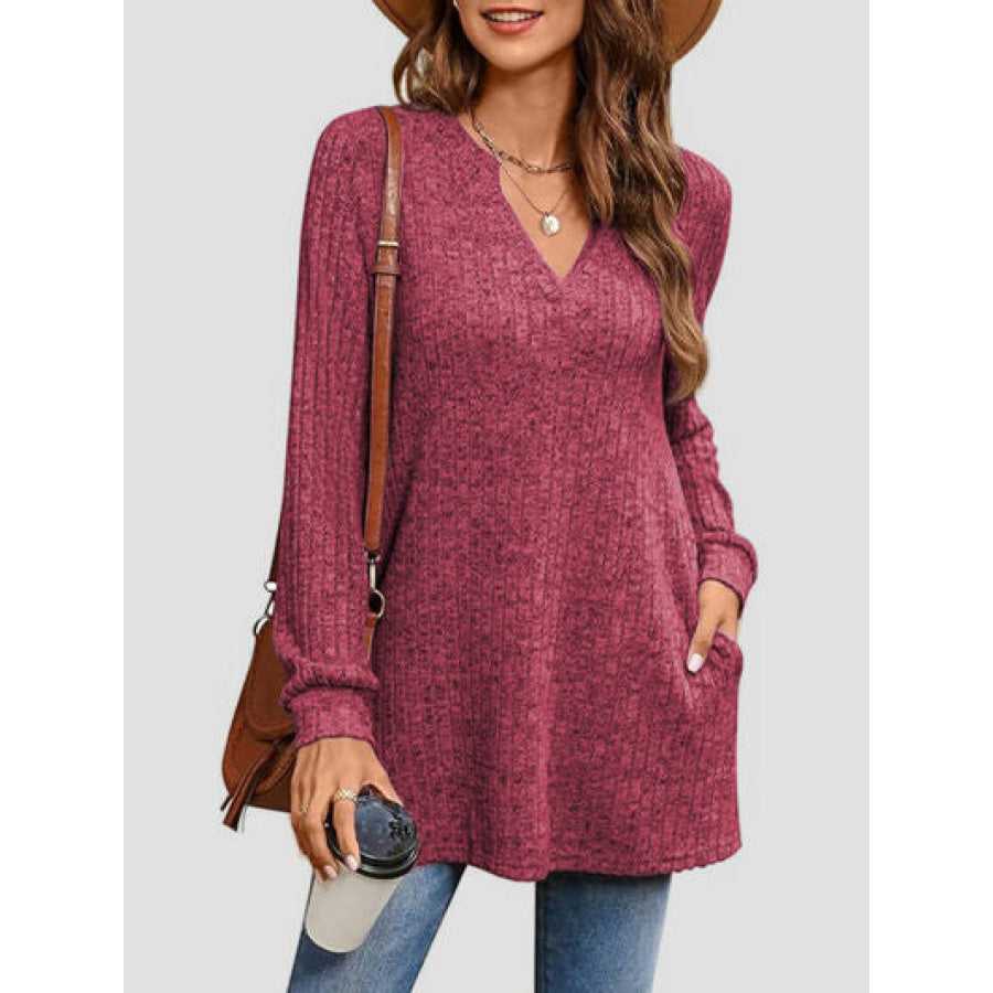 Slit Notched Pocketed Long Sleeve T - Shirt Deep Rose / S Apparel and Accessories