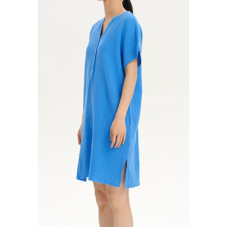 Slit Notched Short Sleeve Mini Dress Apparel and Accessories