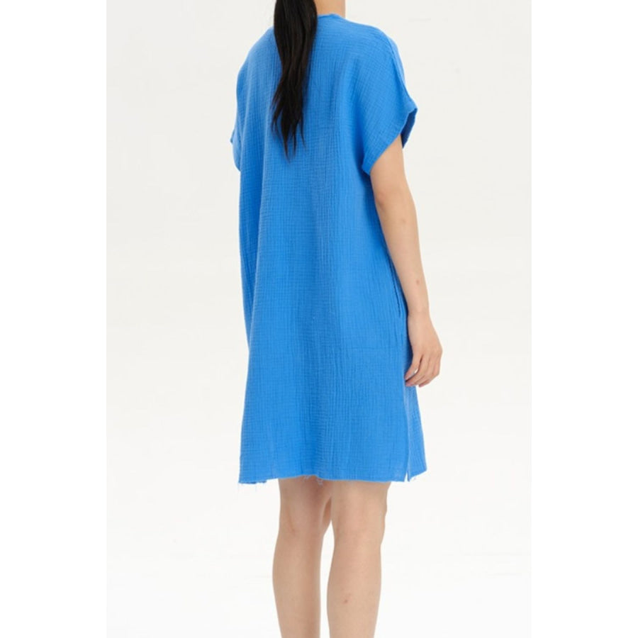 Slit Notched Short Sleeve Mini Dress Apparel and Accessories