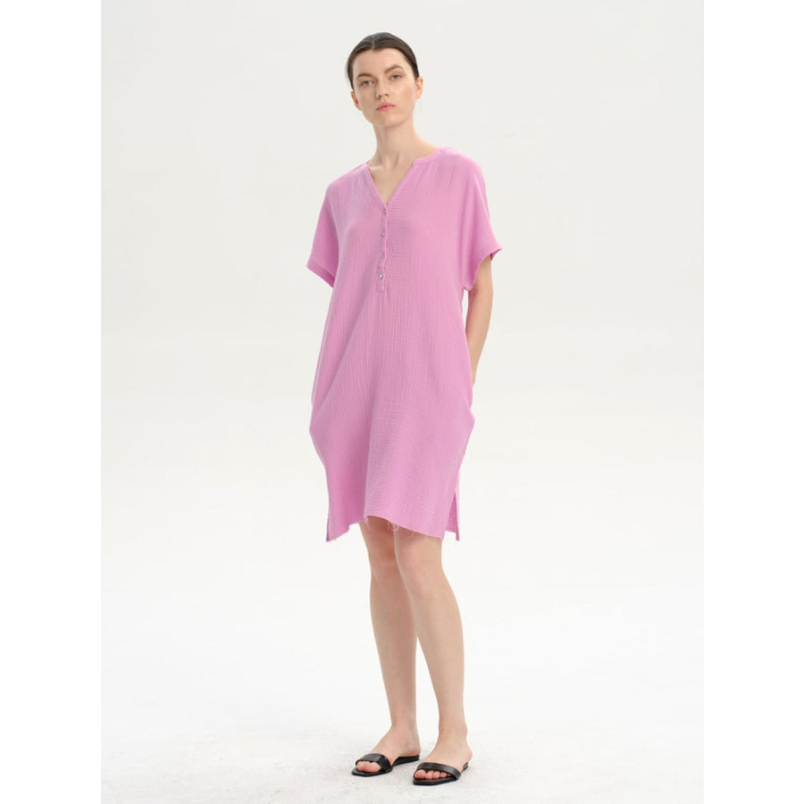 Slit Notched Short Sleeve Mini Dress Apparel and Accessories