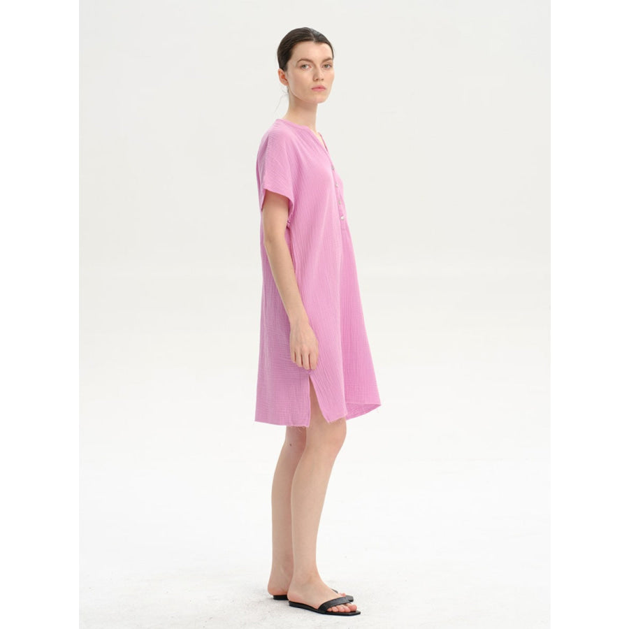 Slit Notched Short Sleeve Mini Dress Apparel and Accessories