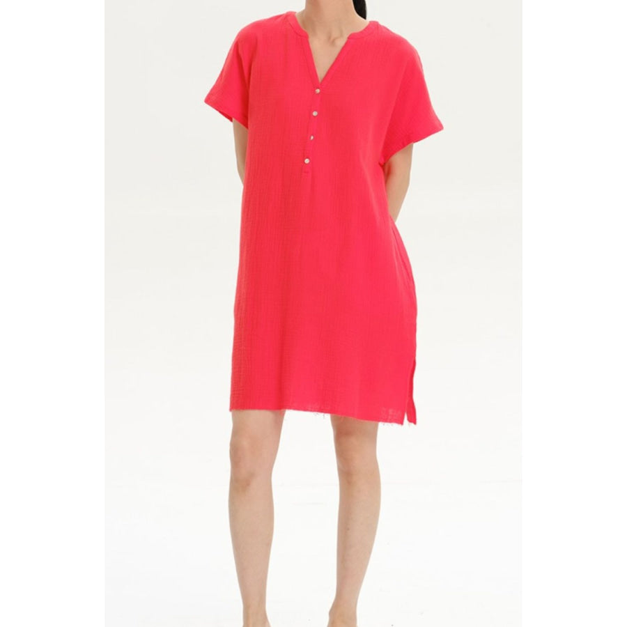 Slit Notched Short Sleeve Mini Dress Apparel and Accessories