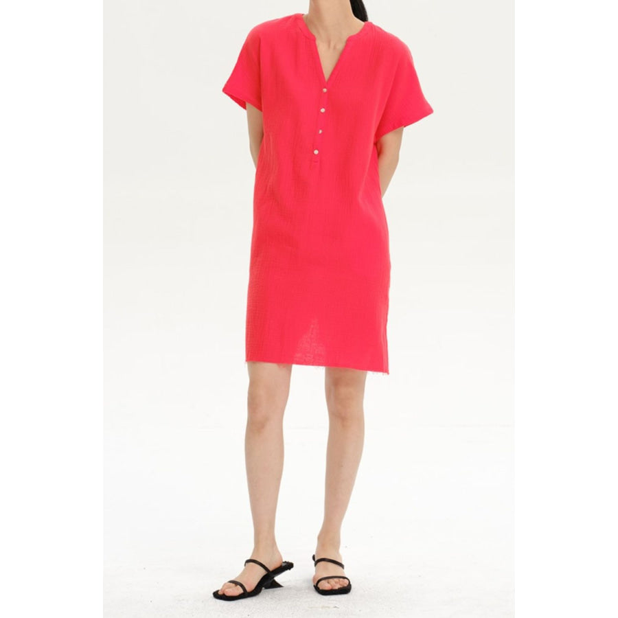 Slit Notched Short Sleeve Mini Dress Apparel and Accessories