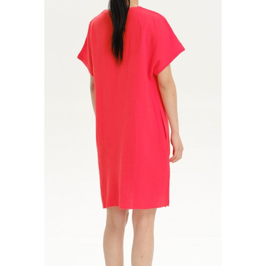 Slit Notched Short Sleeve Mini Dress Apparel and Accessories