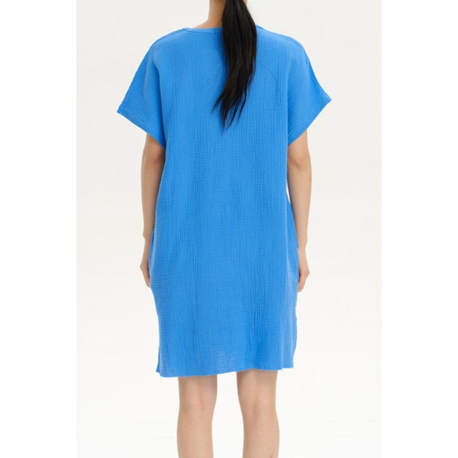 Slit Notched Short Sleeve Mini Dress Apparel and Accessories