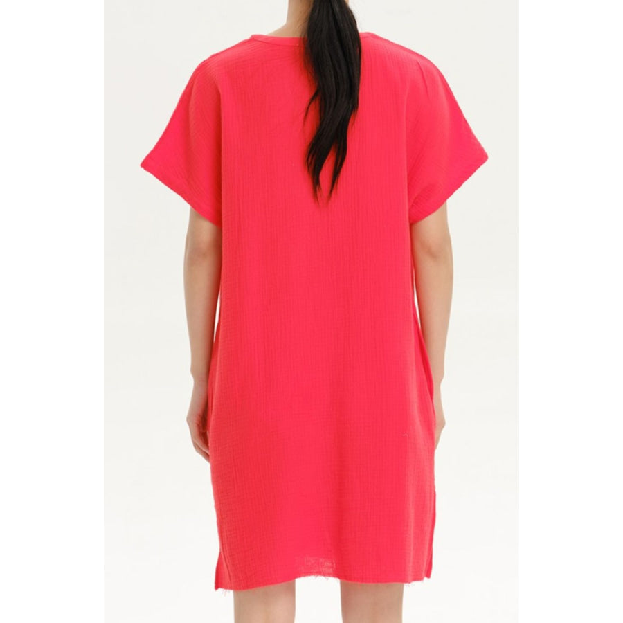 Slit Notched Short Sleeve Mini Dress Apparel and Accessories