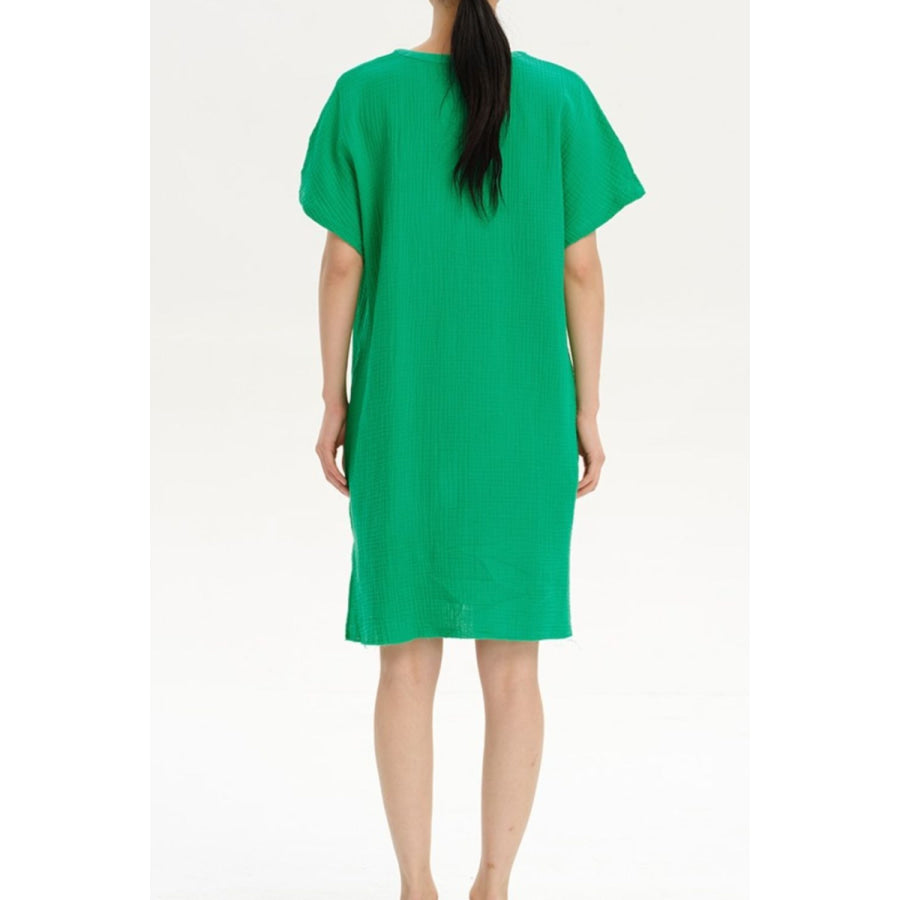 Slit Notched Short Sleeve Mini Dress Mid Green / S Apparel and Accessories