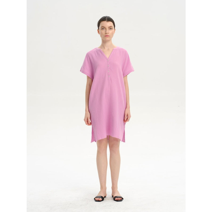 Slit Notched Short Sleeve Mini Dress Heliotrope Purple / S Apparel and Accessories