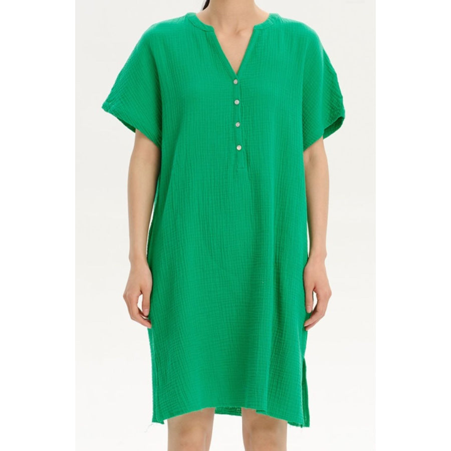Slit Notched Short Sleeve Mini Dress Mid Green / S Apparel and Accessories