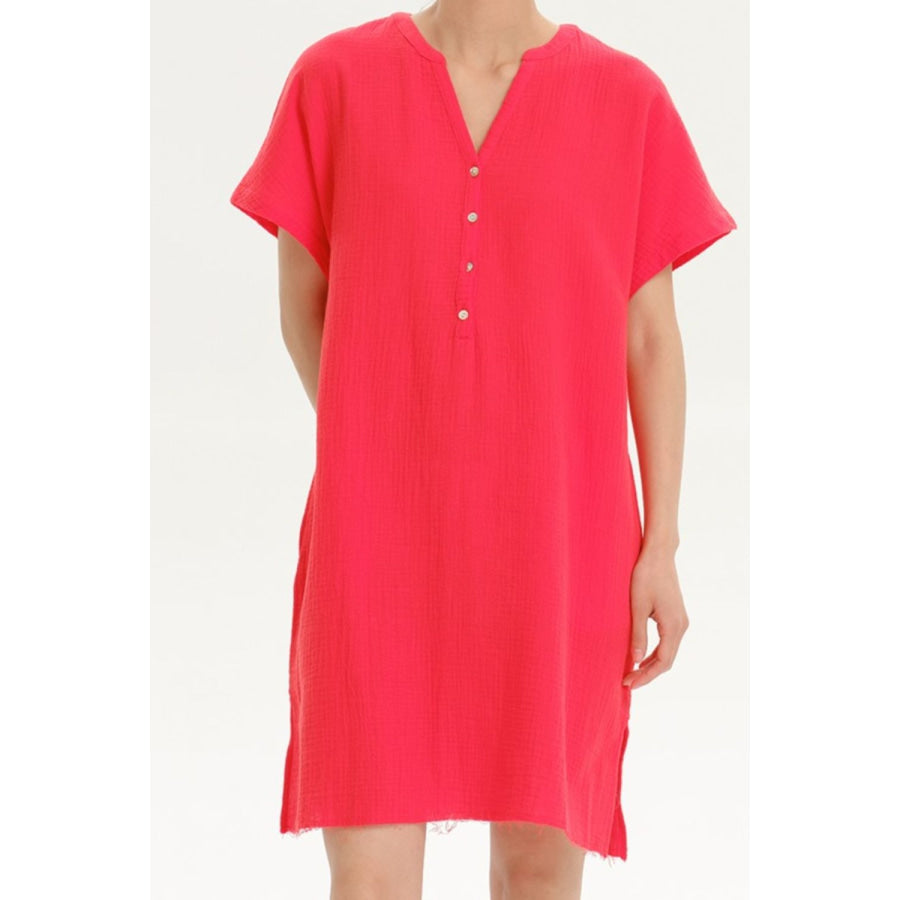 Slit Notched Short Sleeve Mini Dress Red / S Apparel and Accessories