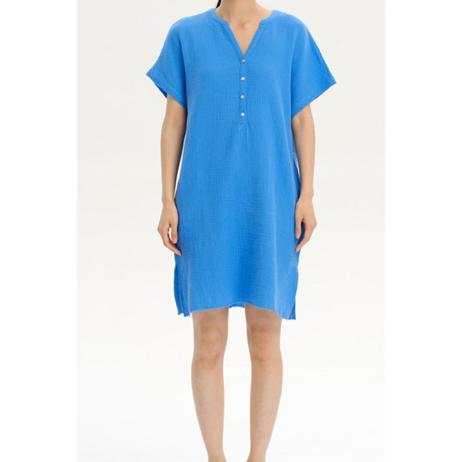 Slit Notched Short Sleeve Mini Dress Ultra marine / S Apparel and Accessories