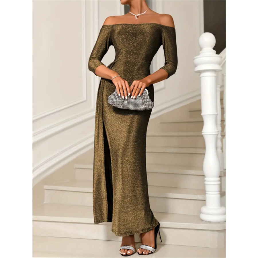 Slit Off-Shoulder Long Sleeve Midi Dress Gold / S Apparel and Accessories