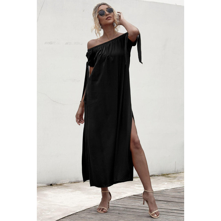 Slit Off Shoulder Short Sleeve Midi Dress Black / S Apparel and Accessories