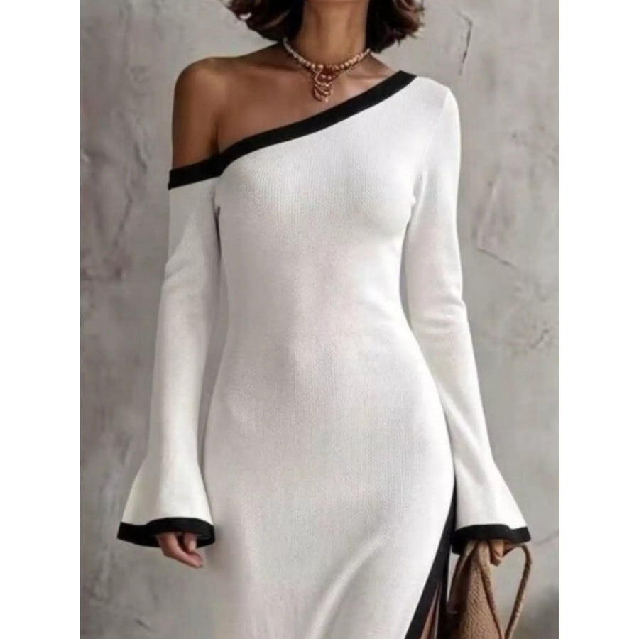Slit One-Shoulder Contrast Trim Maxi Dress White / S Apparel and Accessories