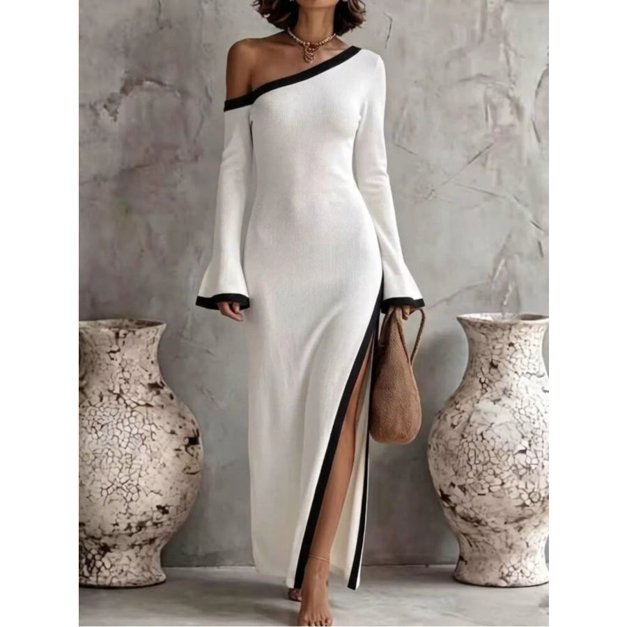 Slit One-Shoulder Contrast Trim Maxi Dress White / S Apparel and Accessories