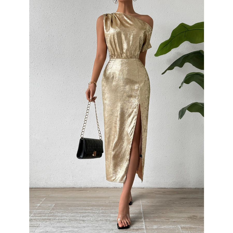 Slit One Shoulder Short Sleeve Midi Dress Apparel and Accessories