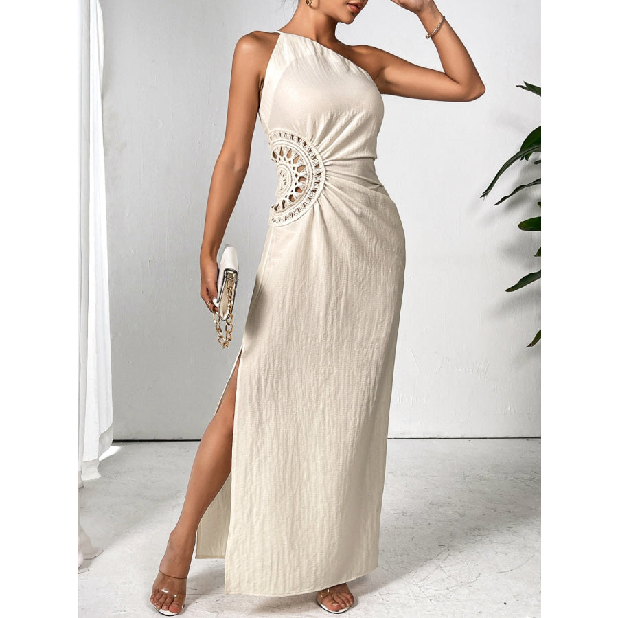 Slit One Shoulder Sleeveless Maxi Dress Beige / S Apparel and Accessories