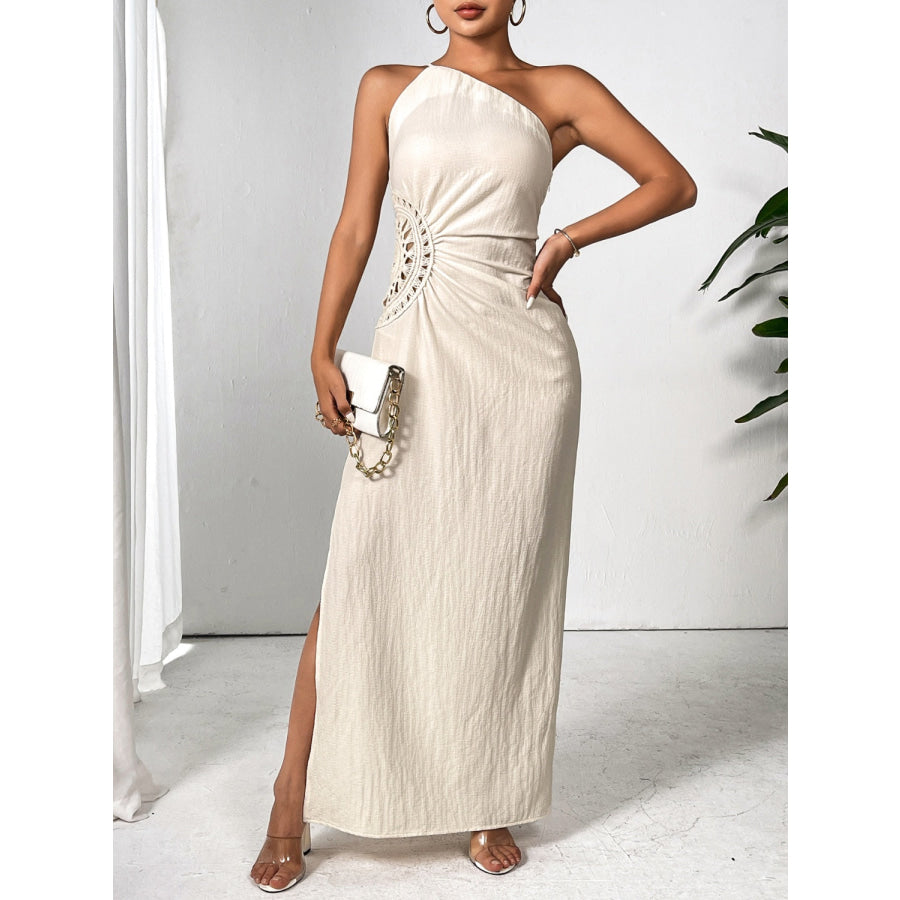 Slit One Shoulder Sleeveless Maxi Dress Beige / S Apparel and Accessories