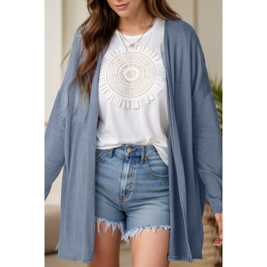 Slit Open Front Long Sleeve Cover Up Dusty Blue / S Apparel and Accessories